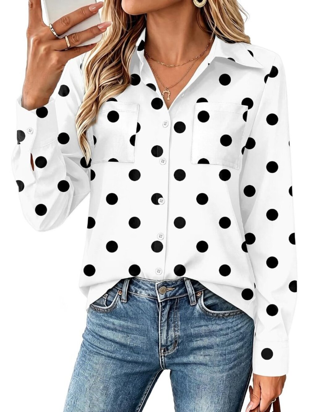 Women's Printed Dot Long Sleeve Shirts Button Down Top Pocket Casual Blouses